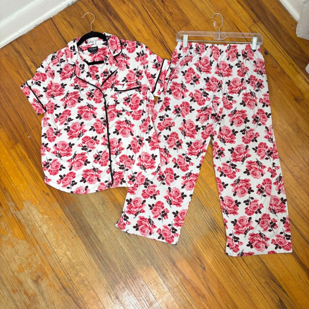 Kate Spade Floralcore Pink Rose Pajama Set Button Down Cropped Cottage Womens M - Picture 7 of 10